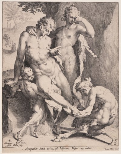 Oreads drar ut en tagg ur en satyrs fot av Jan Harmensz. Muller