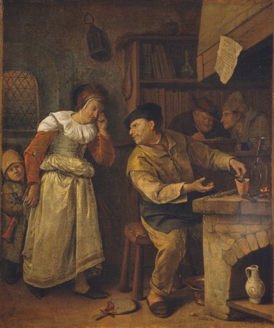 En guldsmed smälter ner en kvinnas smycken i närvaro av en notarie: Alkemisten, ca. 1668-70 (olja på duk) av Jan Havicksz. Steen