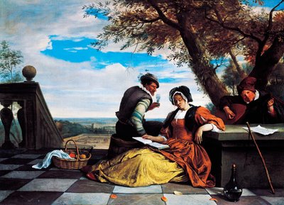 Två män och ung kvinna som gör musik på terrassen av Jan Havicksz. Steen