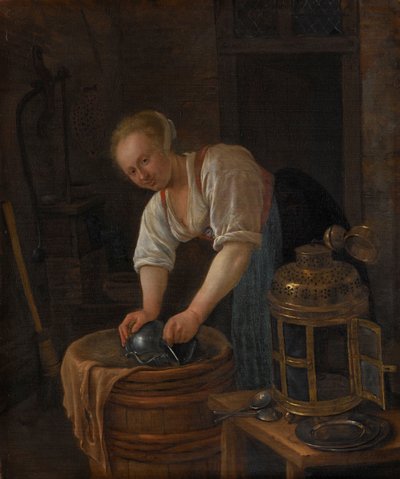 Kvinna som skurar metallvaror av Jan Havicksz. Steen