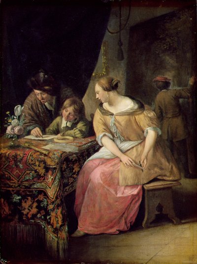 Interiör med en målare och hans familj, ca 1670 (panel) av Jan Havickszoon Steen