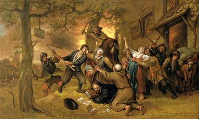 Bønder og soldater uden for et værtshus - en allegori over voldtægten af Holland swed av Jan Havickszoon Steen