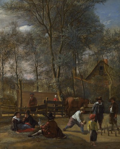 Skittle-spelare utanför ett värdshus, ca 1660-63 av Jan Havickszoon Steen