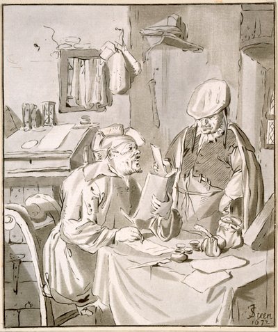 Två män som diskuterar pengar på ett kontor, 1672, kopierat av Cornelis Ploos van Amstel (1726-98) eller Christian Josi (ca 1765-1828) av Jan Havickszoon Steen