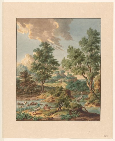 Landskap med sjöfåglar i en damm av Jan Hendrik Troost van Groenendoelen