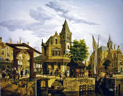 En holländsk gatuscen längs en kanal av Jan Hendrik Verheyen