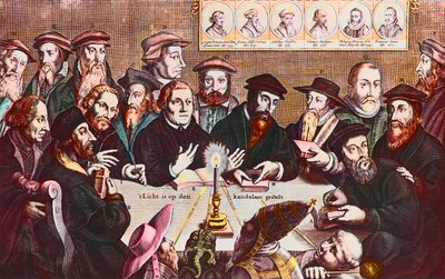 Ljuset placeras på ljusstaken - Gravyr av Jan HOUWENS som visar reformatorerna - John Calvin och Martin Luther Imaginary Meeting of Reformist Leaders: John Wyclif (eller Wycliff eller Wycliffe av Jan Houwens
