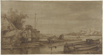Segelvy med gård och liggande pråm av Jan Hulswit (possibly)