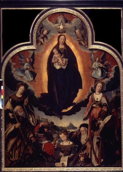 ""La Vierge en Gloire"" (Jungfruns förhärligande) Bland karaktärerna kring Jungfrun och Jesus Kristus: Kung David spelar harpa, den romerske kejsaren Augustus (Caius Julius Caesar Octavianus Augustus) (63 f.Kr.-14 e.Kr.), profeter av Jan II Provost