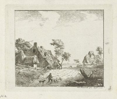 Landskap med herde och får nära två gårdar av Jan Izaak van Mansvelt