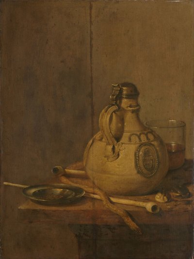 Stilleben med stengodskanna och rör av Jan Jansz. Treck