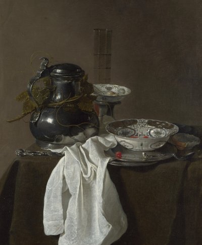 Stilleben med en tennflagon och två Ming-skålar, 1651 av Jan Jansz. Treck
