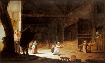 En maskeradare som skrämmer barn i en lada av Jan Jansz van Buesem