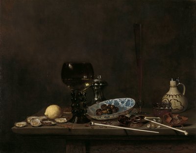 Stilleben med Roemer, flöjtglas, lergodskanna och rör av Jan Jansz. van de Velde (III)