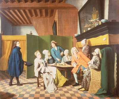 Doktorns besök - ett nederländskt ordspråk: Doktorn inspekterar sin patients allmänna hälsa (en av fyra) av Jan Josef the Elder Horemans