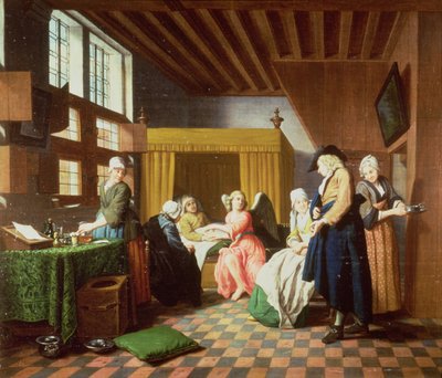 Doktorns besök - ett nederländskt ordspråk: Doktorn är porträtterad som en ängel som ger hjälp till den sjuke (en av fyra). av Jan Josef the Elder Horemans