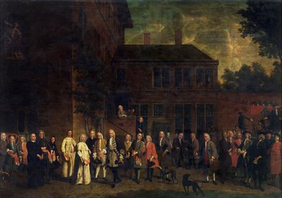 Medlemmarna i fäktarskrået välkomnar abboten av Sint-Michiels av Jan Josef the Younger Horemans