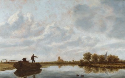 Män på en pråm i ett flodlandskap med en avlägsen kyrka (olja på pannå) av Jan Josefsz. van (circle of) Goyen