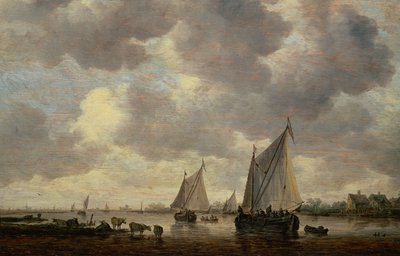 En kanal i Holland, eller två stora segelfartyg och boskap nära en flod av Jan Josephsz van Goyen