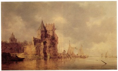 Ett medeltida torn på en slottsvall med segelfartyg vid en brygga och en roddbåt i förgrunden, ca 1642 (olja på panel) av Jan Josephsz van Goyen