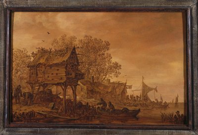 En by vid en flodstrand med bönder i en båt vid ett duvslag, 1651 av Jan Josephsz van Goyen