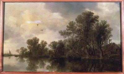 Ett trädbevuxet flodlandskap, med bönder i en roddbåt vid en stuga och en färja, en segelbåt i fjärran, 1633 av Jan Josephsz van Goyen