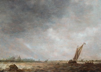 En flodmynningsscen med fartyg i upprört vatten (olja på pannå) av Jan Josephsz van Goyen