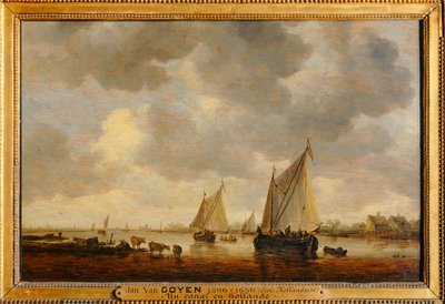 Deux grandes barques à voiles sur un fleuve et bestiaux près de la rive - Två stora segelbåtar på en flod och djur på stranden ... av Jan Josephsz van Goyen
