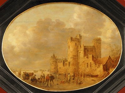 Skridskoåkare framför ett medeltida slott ... av Jan Josephsz van Goyen