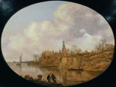 Tre fiskare som drar ett nät och korgar på stranden av ett flodlandskap med ett slott och en by i fjärran av Jan Josephsz van Goyen