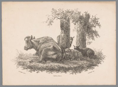 En ko och tre får Beesten Studien av J. Kobell efter Paul Potter Nr. 1 (serietitel) av Jan Kobell (III)