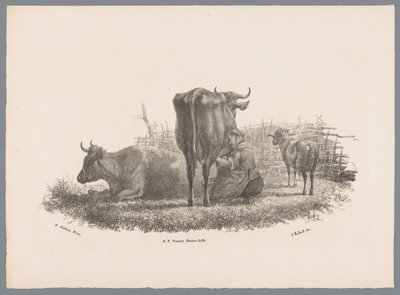 Mjölkande bondhustru, två kor och en bagge Beesten Studien av J. Kobell efter Paul Potter Nr. 1 (serietitel) av Jan Kobell (III)