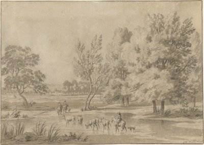Landskap med träd, ryttare och några kor på en vattningsplats av Jan Laurensz. van der Vinne
