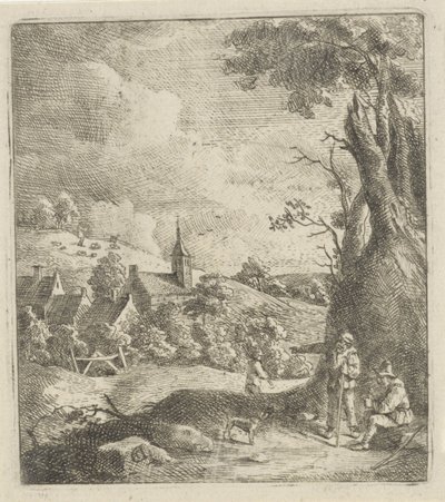 Landskap med en by och två män vid ett träd av Jan Lauwryn Krafft (I) (attributed to)
