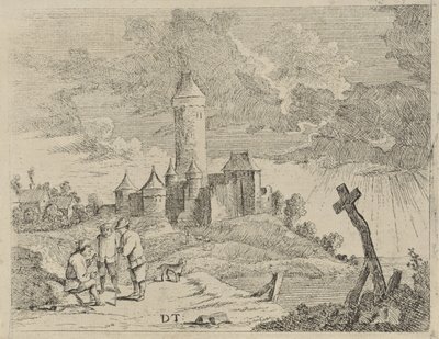 Landskap med ett slott och tre män av Jan Lauwryn Krafft (I) (possibly)