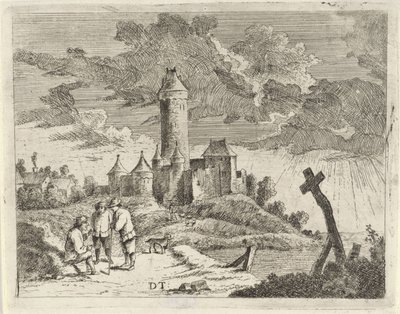 Landskap med ett slott och tre män av Jan Lauwryn Krafft (I) (possibly)