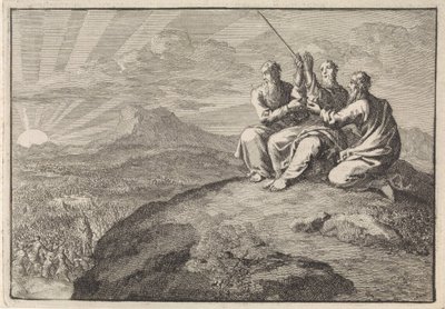 Aron och Hur stöder Moses händer under Israels folks strid mot amalekiterna av Jan Luyken