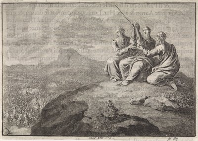 Aron och Hur stödjer Moses händer under Israels folks strid mot amalekiterna av Jan Luyken