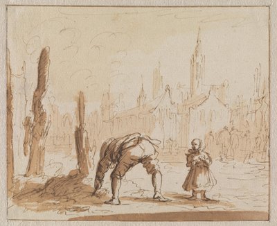 Adriaen Wens söker i askan efter munskruven som hade anbringats på hans mor i Antwerpen 1573 av Jan Luyken