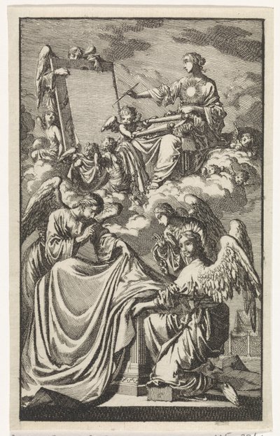 Allegorisk kvinnofigur beskriver en panel i molnen av Jan Luyken