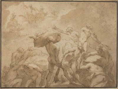 Battle of the Gods and Giants from Mount Olympus and Mount Othrys (penna och brunt bläck med brun lavering på filtpapper) av Jan Luyken