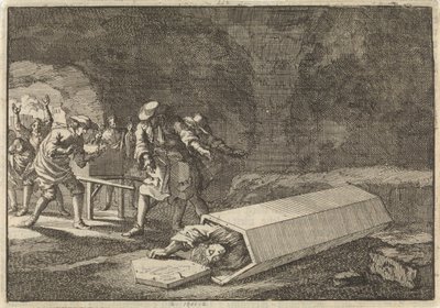 Begravningsskötare i Rom ser att Antonio Marlini, som de hade placerat i ett valv några dagar tidigare, tydligen måste ha varit död, 1696 av Jan Luyken