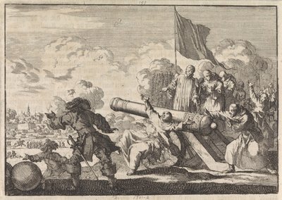 Belägring av Groningen där en kanon välsignas av sex munkar, 1672 av Jan Luyken