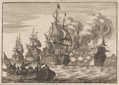 I Valencia attackeras spanska amiralen Papachino av tre franska fartyg under amiral Tourville för att han inte hälsade tillräckligt snabbt, 1688 av Jan Luyken
