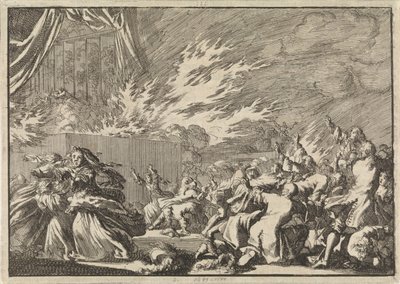 Brand i ett träskjul där en teaterföreställning äger rum intill Amelienborg slott i Köpenhamn, 1689 av Jan Luyken