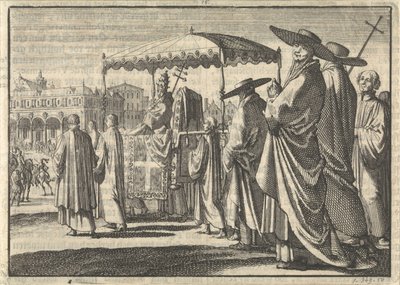 Christian IV, kung av Danmark, klädd som påve, imiterar en procession med sina hovmän, 1596 av Jan Luyken