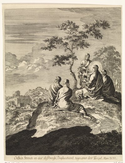 Kristus talar med Petrus, Jakob, Johannes och Andreas på Olivberget av Jan Luyken