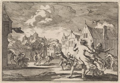 Invånarna i en by nära slottet Luchow i Lüneburg blir omkörda av en virvelvind som får fåglarna att falla döda från himlen, 1671 av Jan Luyken