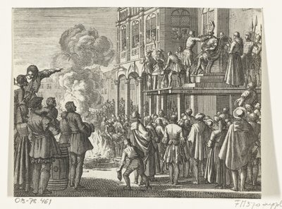 Jacob van Campen med mitra på huvudet på schavotten i Amsterdam, 1535 av Jan Luyken