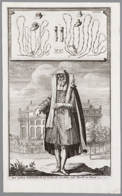 Judisk man, klädd för bön. På bakgrunden den portugisiska synagogan i Amsterdam av Jan Luyken